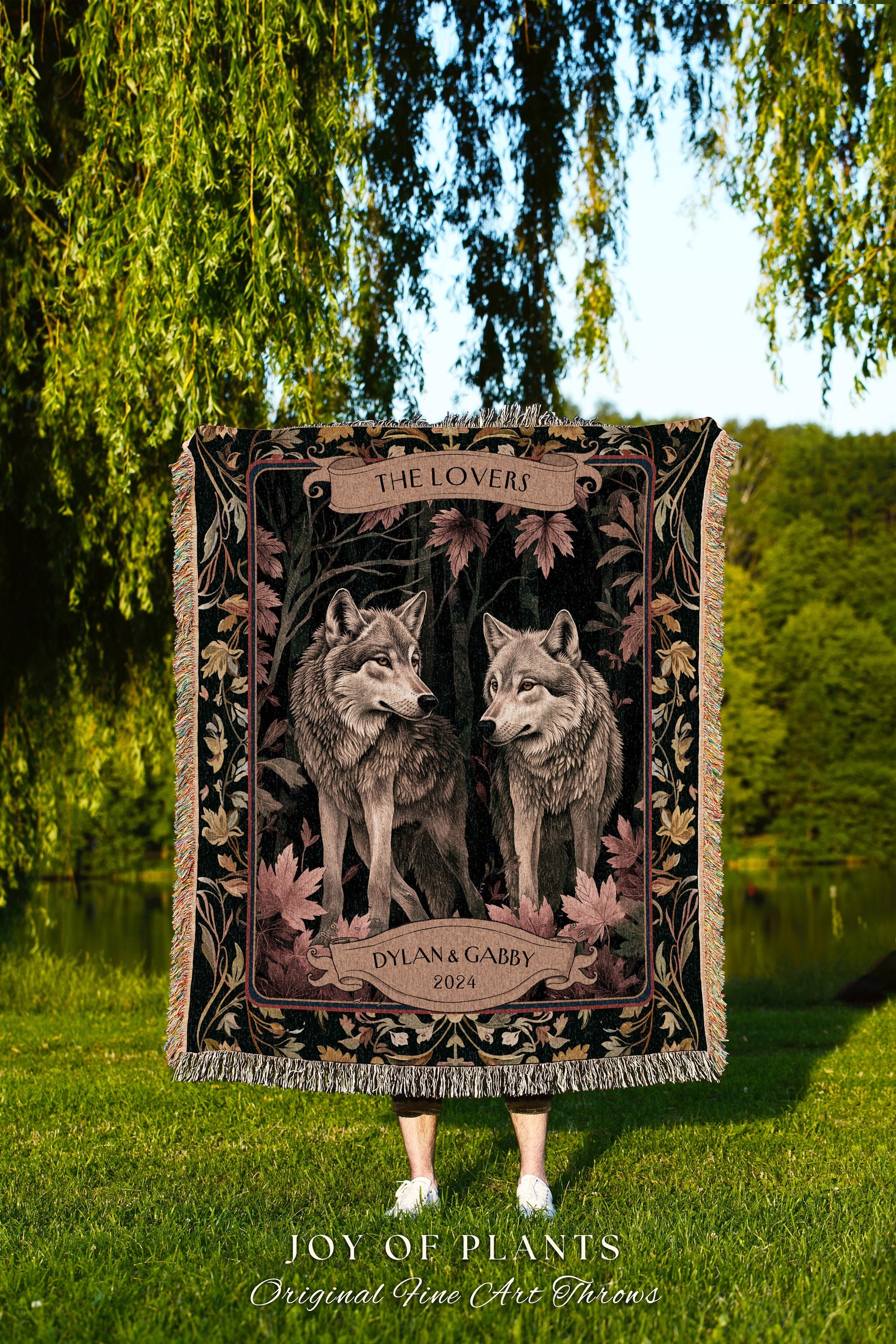 Couples Cotton Blanket Personalized 'The Lovers' | Dating Anniversary Gift His & Hers Wolf Tapestry Woodland Wedding Unique Couple Gift Idea