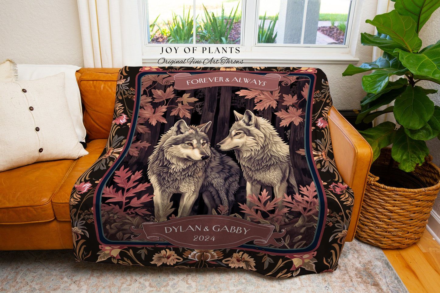 Autumn Wolves Personalized Couples Throw | Custom Anniversary Gift His & Hers Wolf Tapestry Woodland Wedding Unique Couple Gift Idea Cozy |