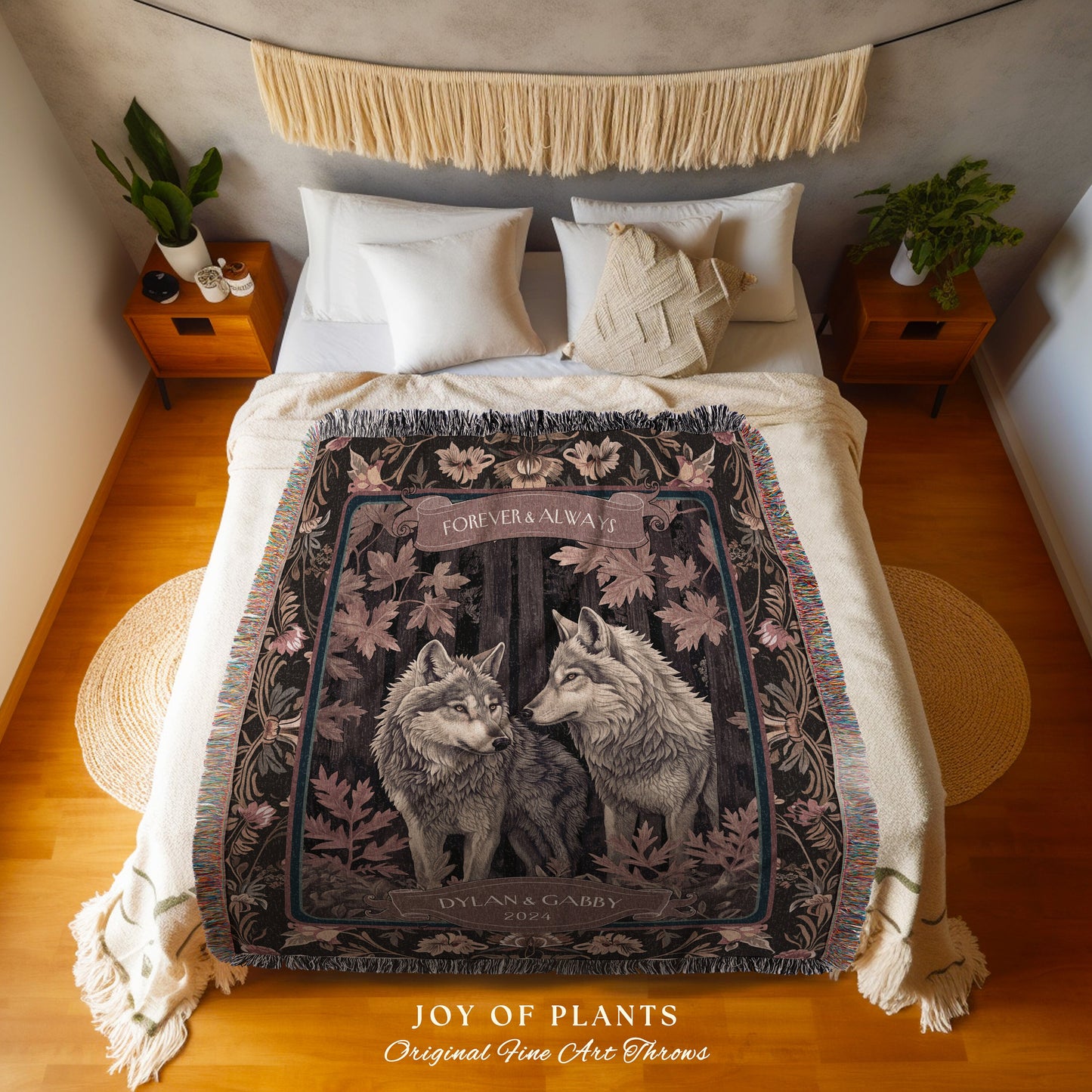 Autumn Wolves Personalized Couples Throw | Custom Anniversary Gift His & Hers Wolf Tapestry Woodland Wedding Unique Couple Gift Idea Cozy |