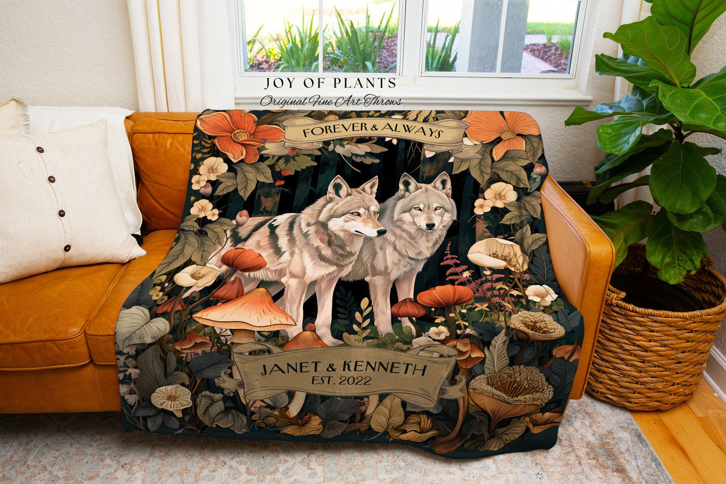 Wolf Lover Couple Blanket Personalized | Outdoorsy Anniversary Gift Custom Wolf Tapestry Woodland Cottagecore Wedding Unique Couple Gifts |