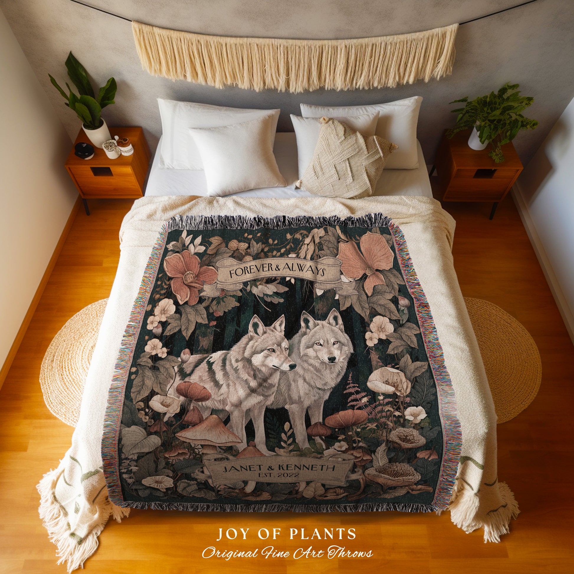 Wolf Lover Couple Blanket Personalized | Outdoorsy Anniversary Gift Custom Wolf Tapestry Woodland Cottagecore Wedding Unique Couple Gifts |