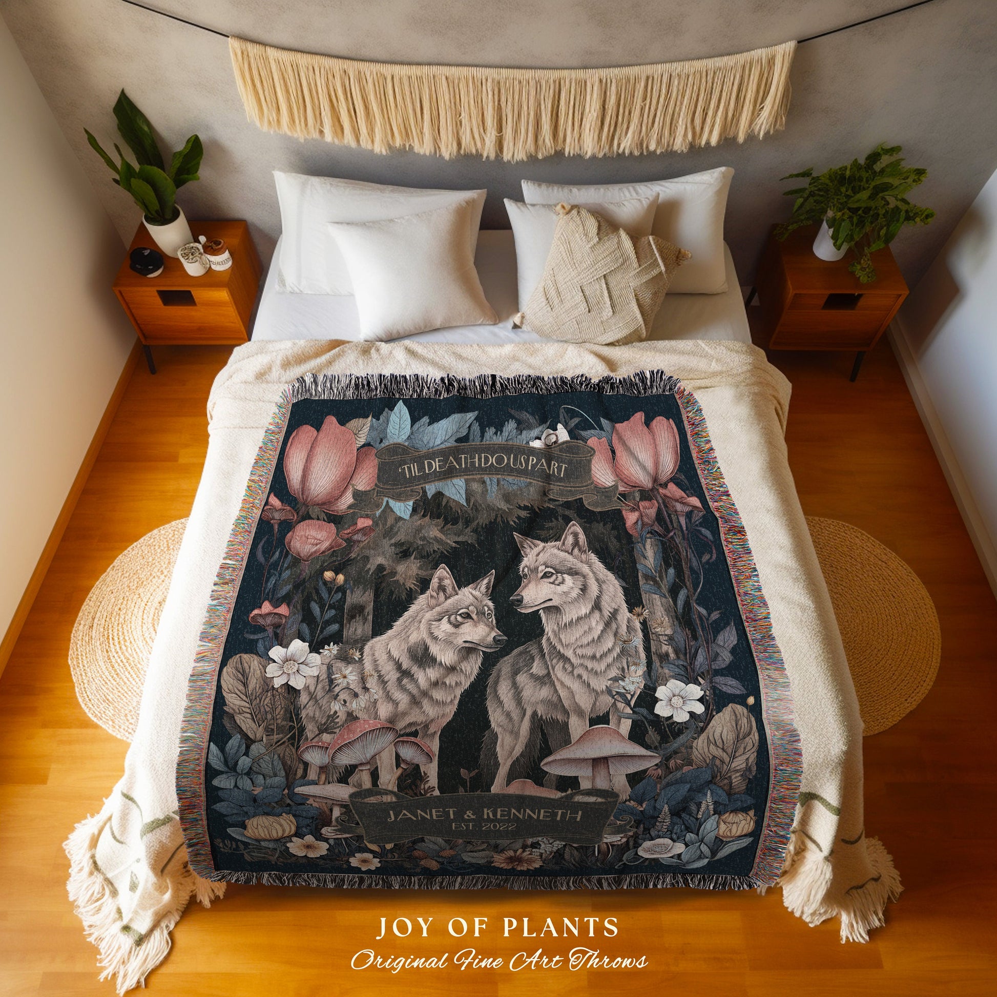 Dark Floral Wolf Couple Woven Blanket | Wedding Anniversary Mr & Mrs Personalized Unique Couple Gift for Boyfriend and Girlfriend Custom |