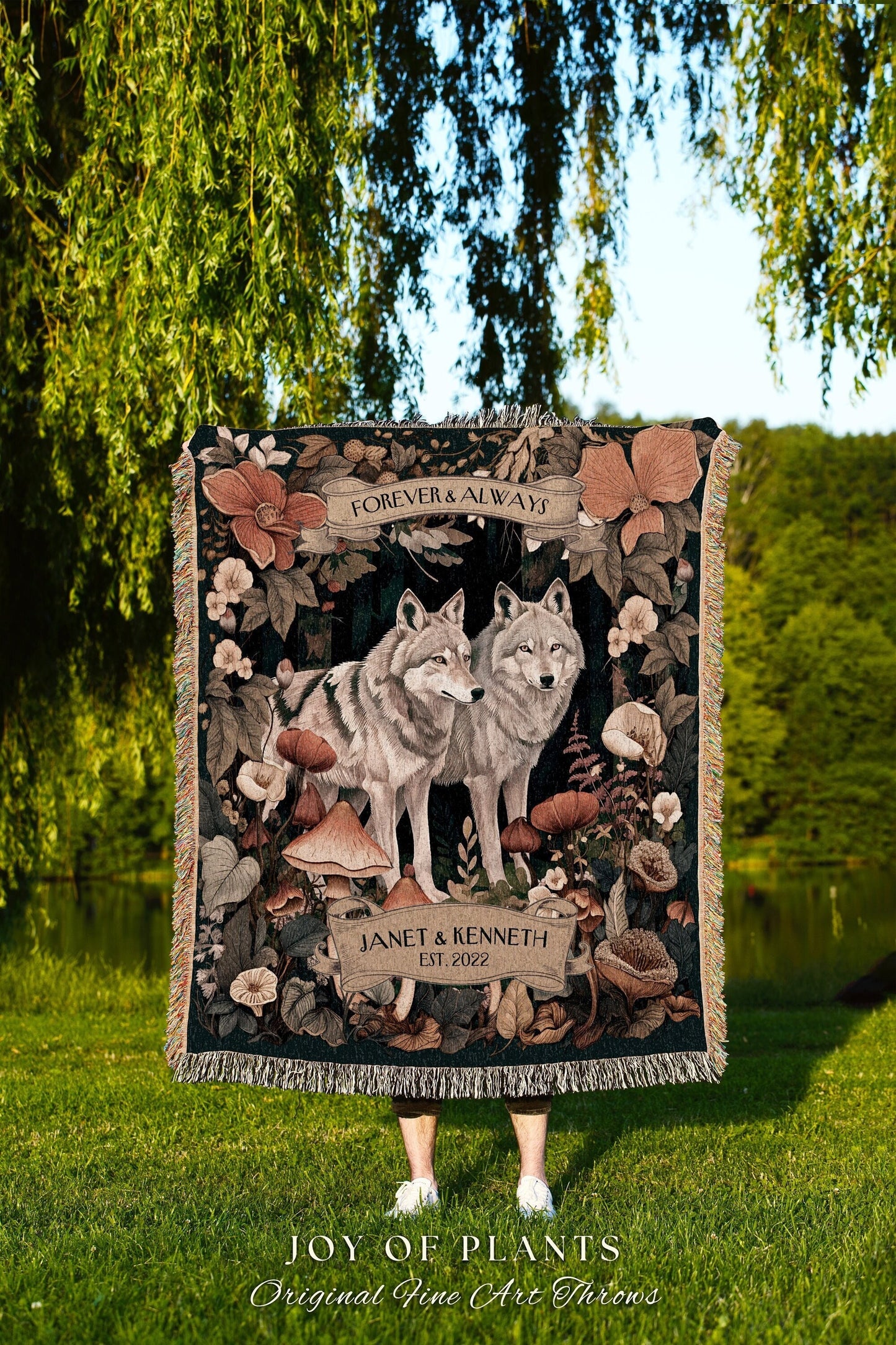 Wolf Lover Couple Blanket Personalized | Outdoorsy Anniversary Gift Custom Wolf Tapestry Woodland Cottagecore Wedding Unique Couple Gifts |