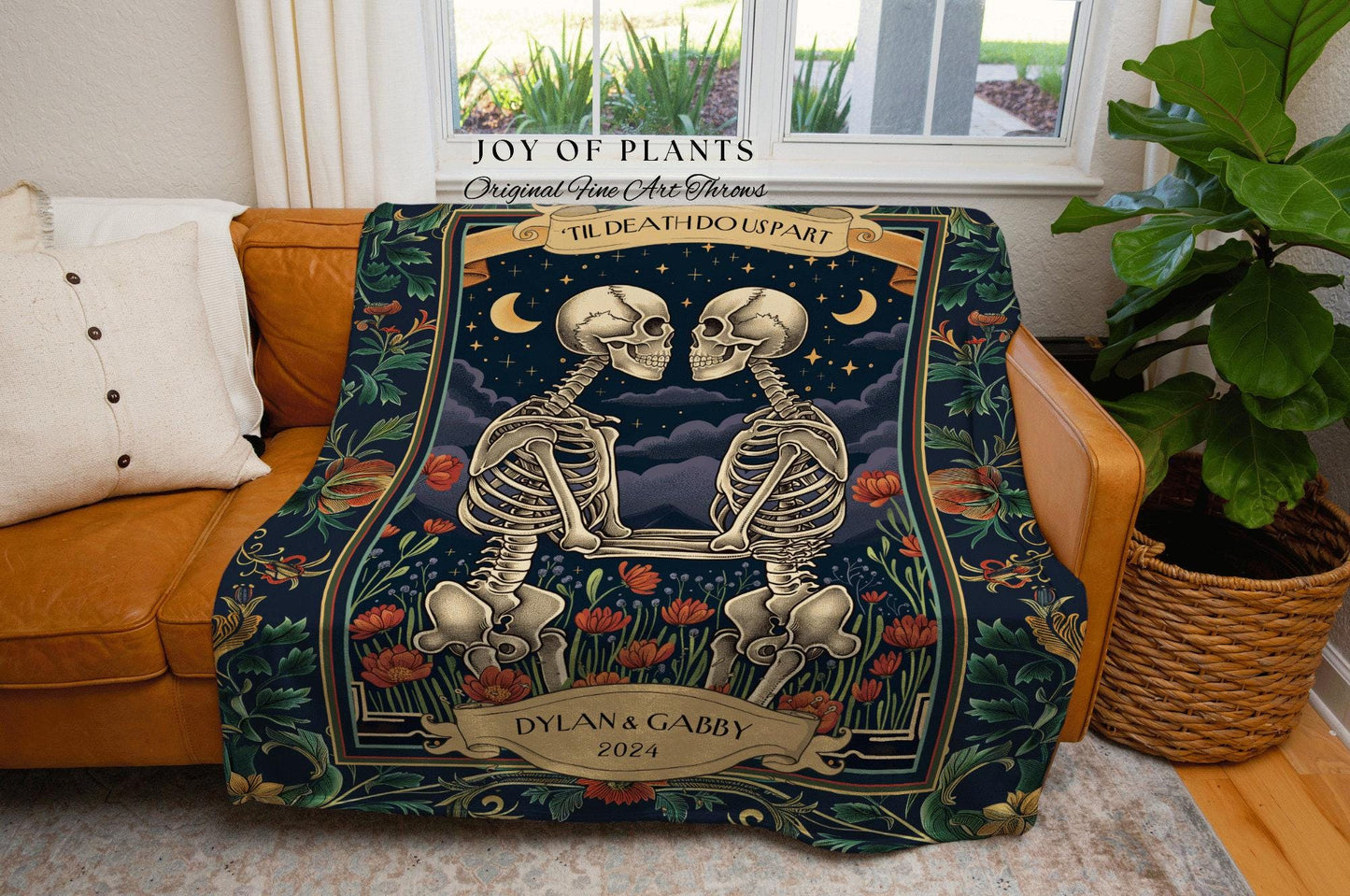 Til Death Do Us Part Skeleton Couple Picnic Blanket | Second Anniversary Blanket Skeleton Lover Tarot Gift for Boyfriend Personalized Couple