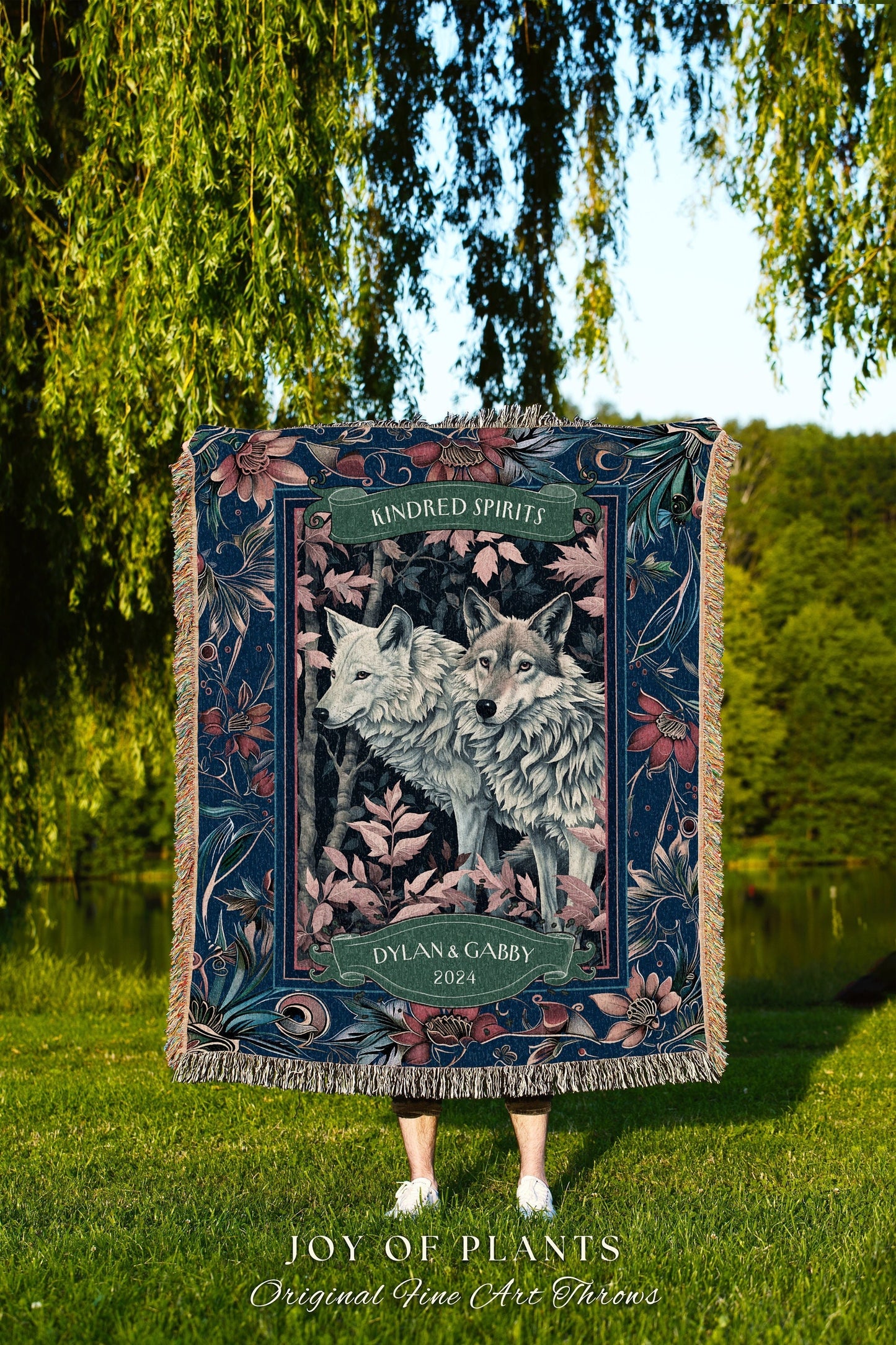 Navy Blue Floral Wolf Couple Personalized Blanket | Outdoorsy Couple Gift Custom Blanket Ethereal Woodland Wedding Unique Couple Tapestry |