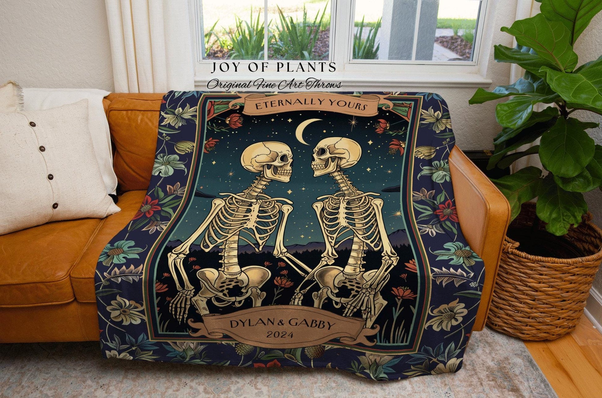 Macabre Skeleton Lovers Cozy Blanket Custom | Meaningful Anniversary Blanket Gothic Skeleton Lover Gift for Boyfriend Personalized Couple |