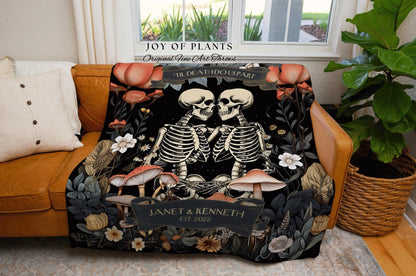 Dark Floral Skeleton Lovers Woven Cotton Throw | Sentimental Anniversary Tapestry Blanket Botanical Skeleton Lover Gift Personalized Couple