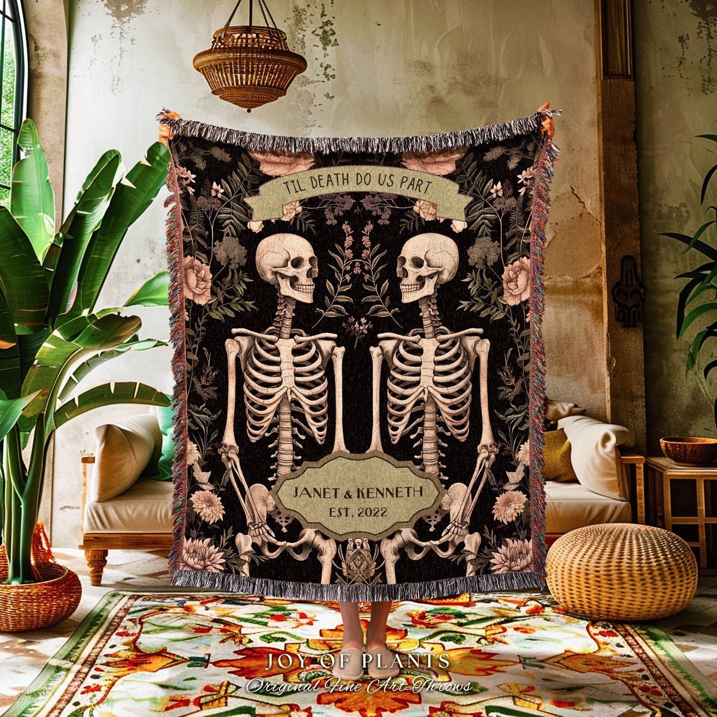 Til Death Do Us Part Botanical Skeleton Blanket | Sentimental Anniversary Gift Ideas Custom Blanket Gothic Gift for Her Personalized Couple