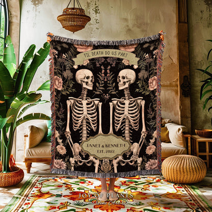 Til Death Do Us Part Botanical Skeleton Blanket | Sentimental Anniversary Gift Ideas Custom Blanket Gothic Gift for Her Personalized Couple