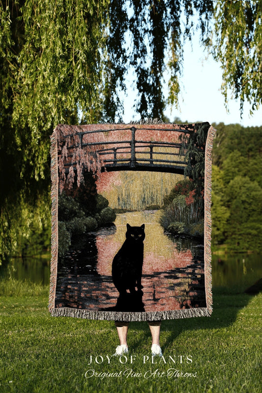 Autumn Decor Woven Tapestry Art Claude Monet Bridge Over a Pond of Water Lilies | Art Tapestry Monet Water Lilies Blanket Cat Art Cute Gift