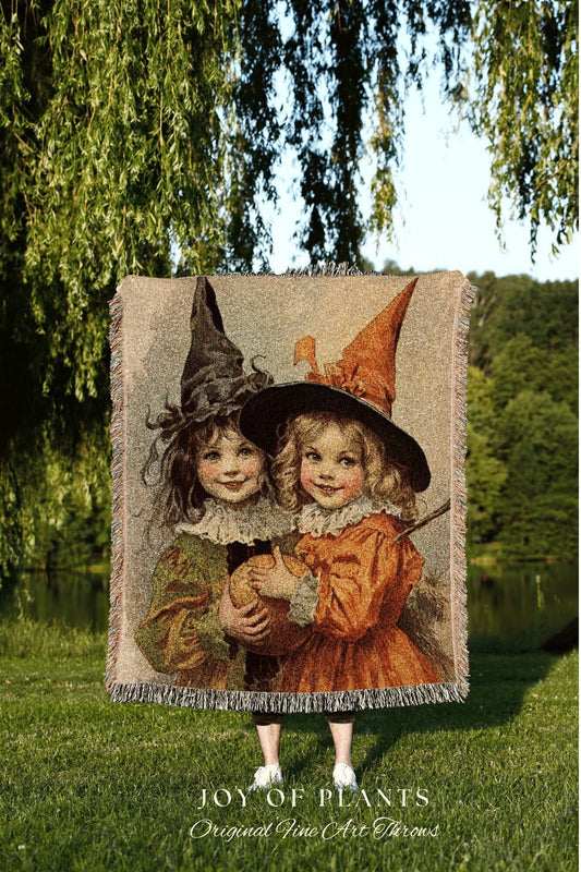 Vintage Kids Halloween Decor Tapestry Woven Blanket | Vintage Witch Halloween Decor Blanket Dark Academia Bedroom Midcentury Halloween Cute