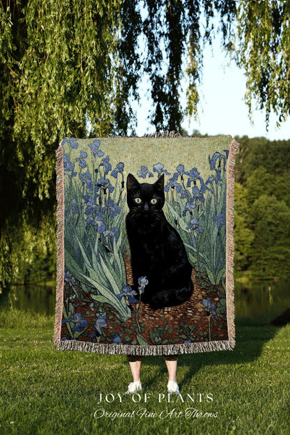 Black Cat in the Iris Flowers Tapestry Art Famous Cat Painting Tapestry Black Cat Woven Blanket | Art History Gift Vincent Van Gogh Inspired