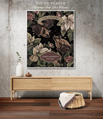 Dark Floral 'The Lovers' Bat Couple Throw | Whimsigoth Aesthetic Cottagecore Gift for Bat Lover Tapestry Woven Blanket Custom Anniversary |