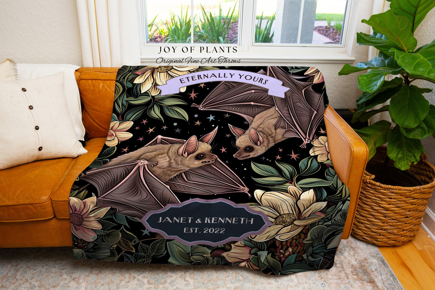 Romantic Bat Couple Woven Blanket Personalized | Celestial Aesthetic Dark Academia Bat Lover Tapestry Woven Throw Custom Anniversary Gift |