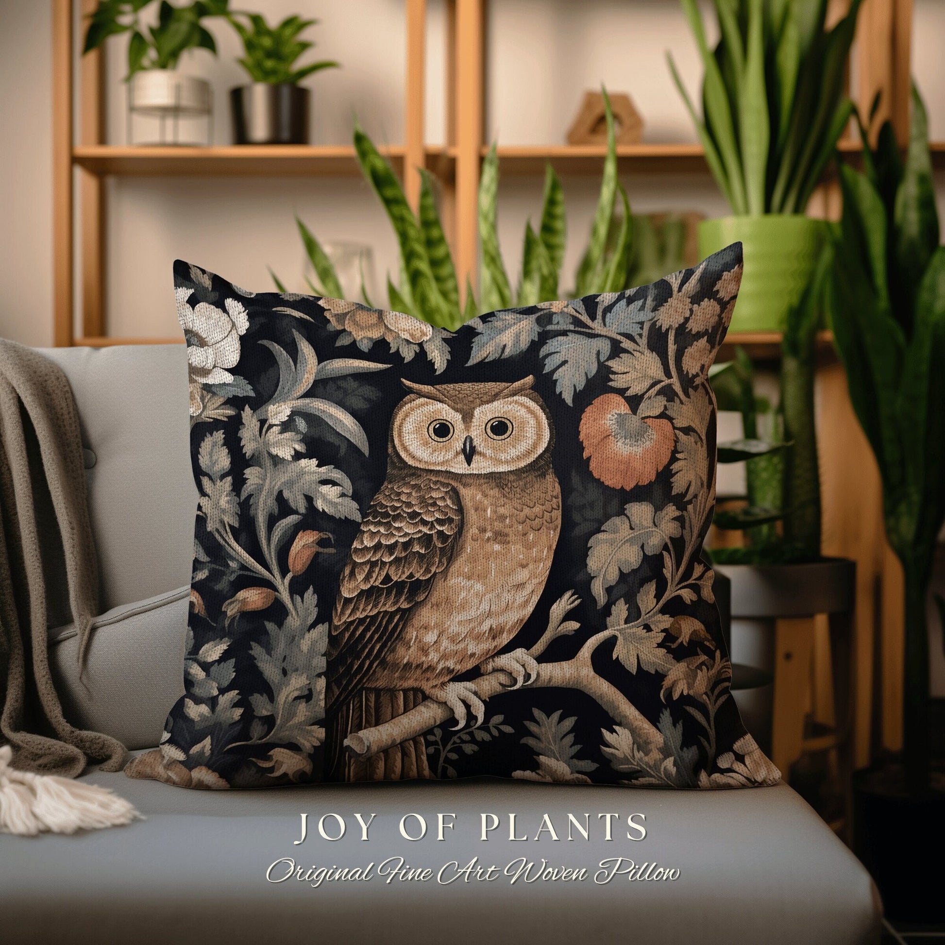 Woodland Owl Throw Pillow | William Morris Inspired Throw Pillow Woodland Forestcore Decor Pillow Maximalist Home Decor Throw Pillow Owl Art