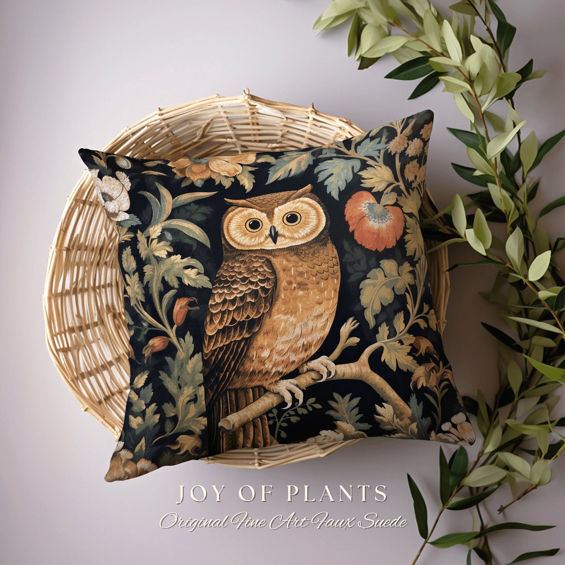 Woodland Owl Throw Pillow | William Morris Inspired Throw Pillow Woodland Forestcore Decor Pillow Maximalist Home Decor Throw Pillow Owl Art