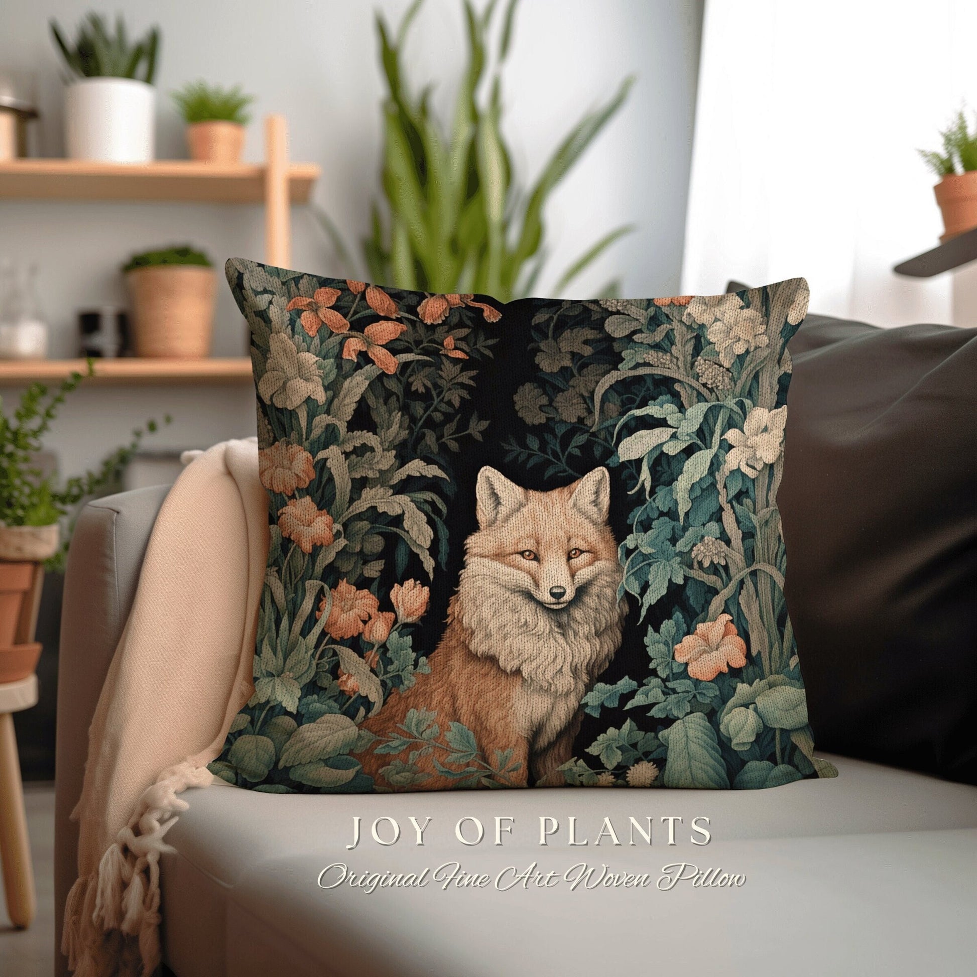 Fox Pillow Woven Decor | William Morris Inspired Fox Pillow Woodland Decor Pillow Maximalist Home Decor Throw Pillow Botanical Fox Pillow |