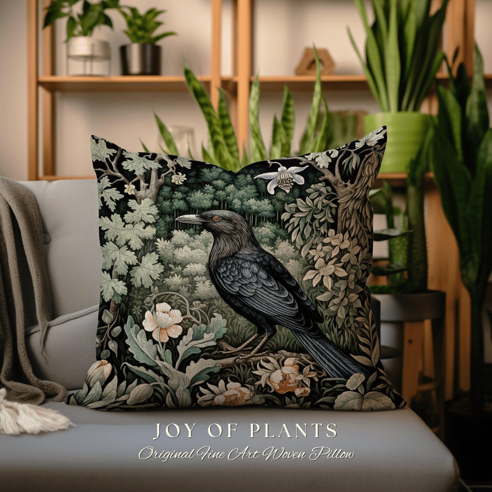 Crowcore Woven Throw Pillow | Morris Inspired Pillow Woodland Forestcore Decor Pillow Maximalist Home Decor Crowcore Pillow Dark Botanical |