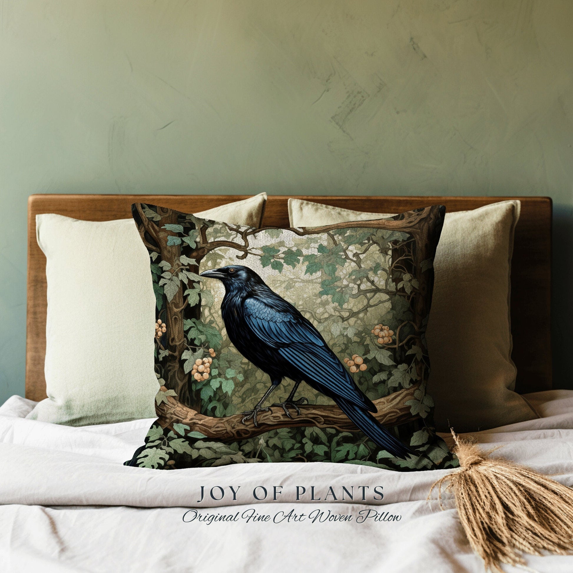 Black Crow Raven Throw Pillow | Morris Inspired Pillow Woodland Crowcore Decor Pillow Maximalist Home Decor Crow Pillow Dark Botanical Decor