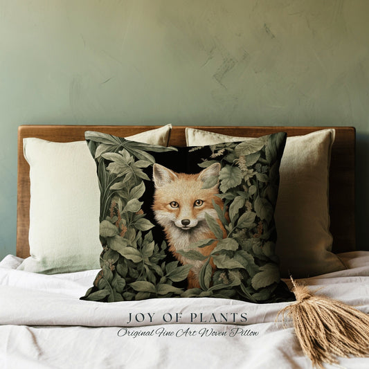 Woven Fox Decor Pillow Vintage | William Morris Inspired Fox Pillow Woodland Decor Pillow Maximalist Home Decor Throw Pillow Botanical Fox |