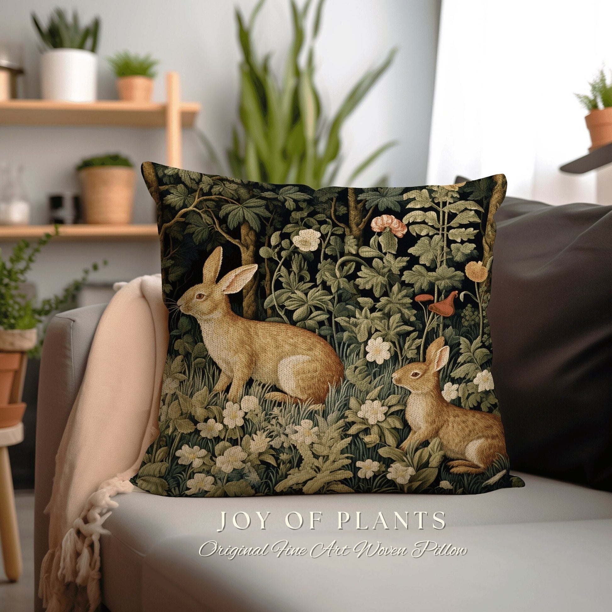 Wildflower Bunnies Pillow | Fairycore Woven Accent Pillow Cottagecore Room Decor Bunny Aesthetic Rabbit Cushion Forestcore Botanical