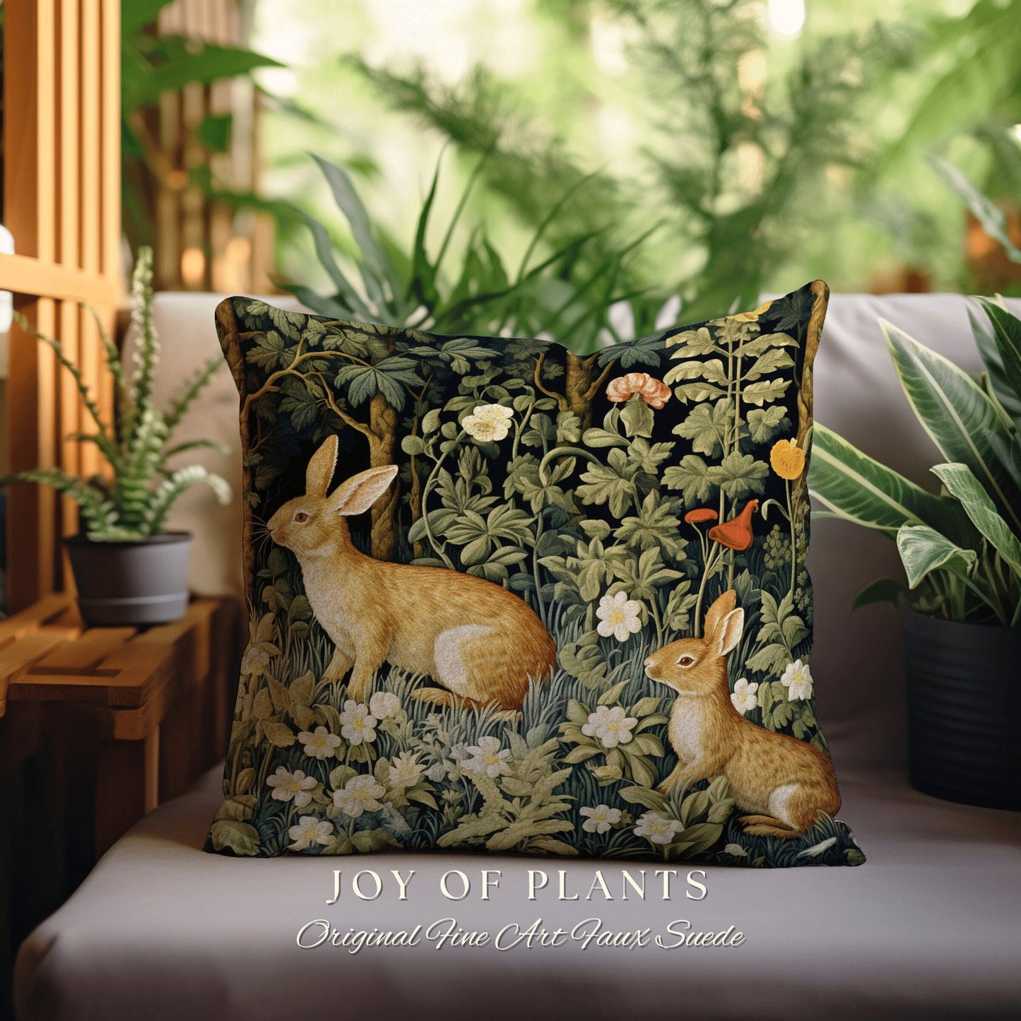 Wildflower Bunnies Pillow | Fairycore Woven Accent Pillow Cottagecore Room Decor Bunny Aesthetic Rabbit Cushion Forestcore Botanical