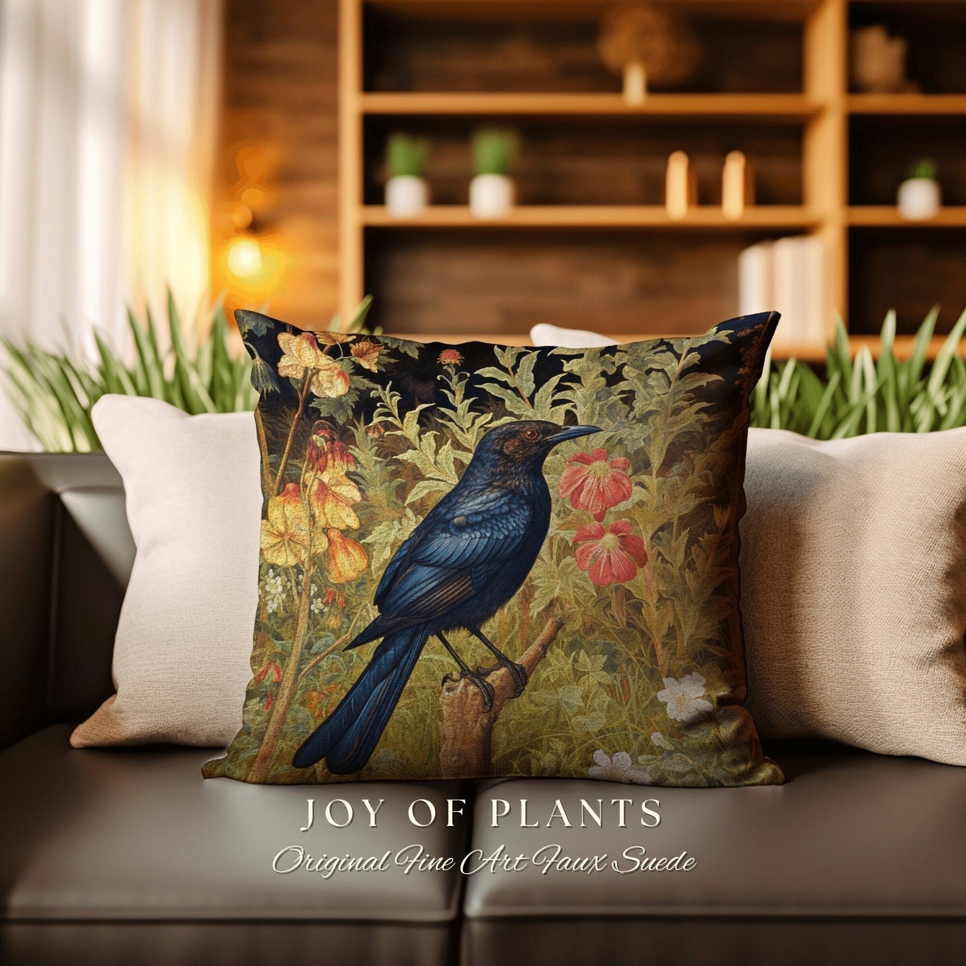 Raven Throw Pillow Floral | Morris Inspired Pillow Pastel Goth Crowcore Decor Pillow Maximalist Home Decor Crow Pillow Dark Botanical Crow |