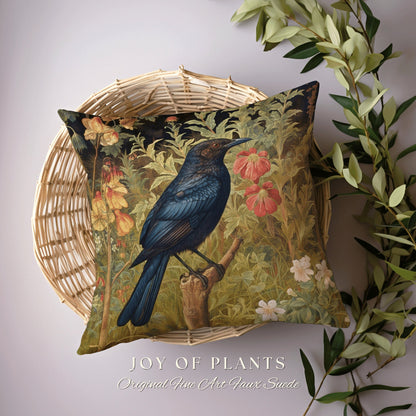 Raven Throw Pillow Floral | Morris Inspired Pillow Pastel Goth Crowcore Decor Pillow Maximalist Home Decor Crow Pillow Dark Botanical Crow |