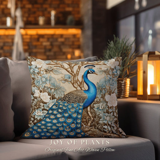 Peacock Couch Cushion Pastel | William Morris Inspired Peacock Pillow Woodland Aesthetic Cushion Botanical Ornate Home Decor Eclectic Accent