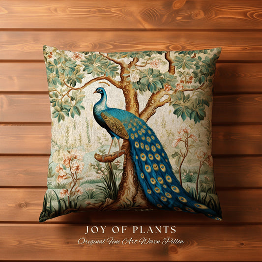 Bold Aesthetic Accent Pillow | William Morris Inspired Peacock Woodland Decor Cushion Maximalist Ornate Home Decor Throw Pillow Eclectic