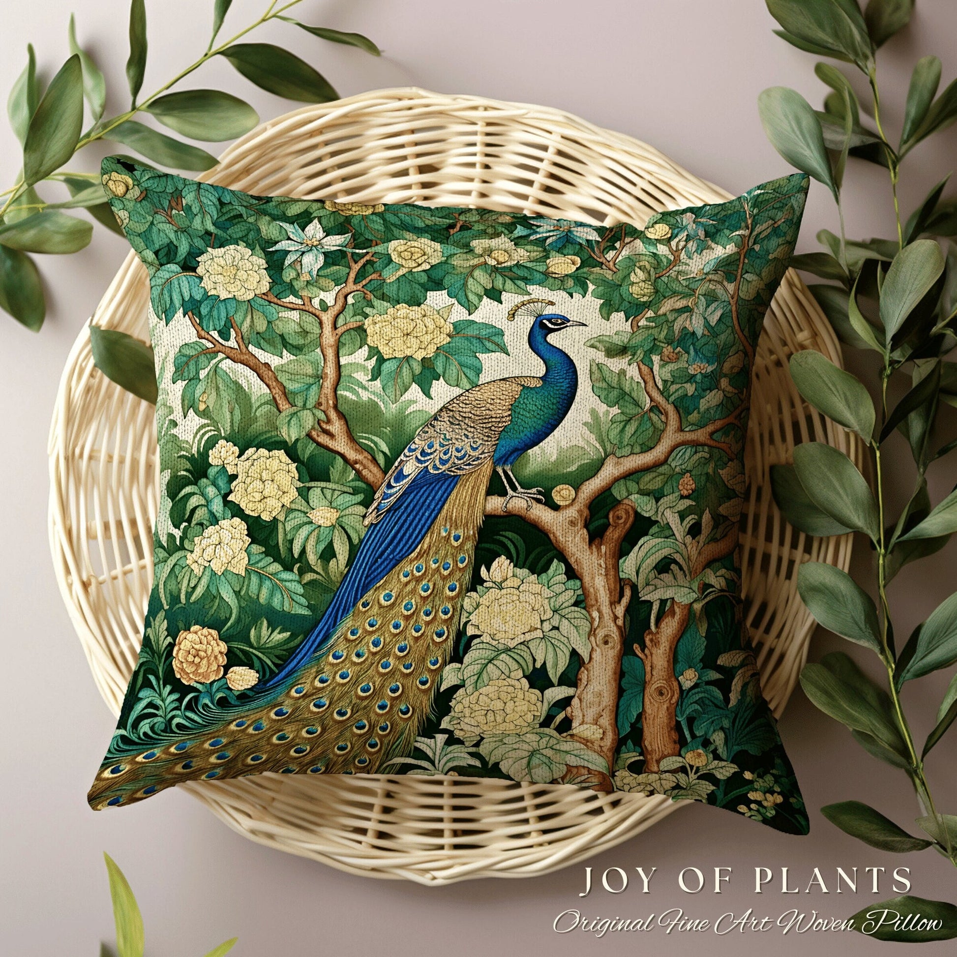 Eclectic Peacock Accent Pillow | William Morris Inspired Peacock Woodland Decor Pillow Maximalist Ornate Home Decor Throw Pillow Botanical