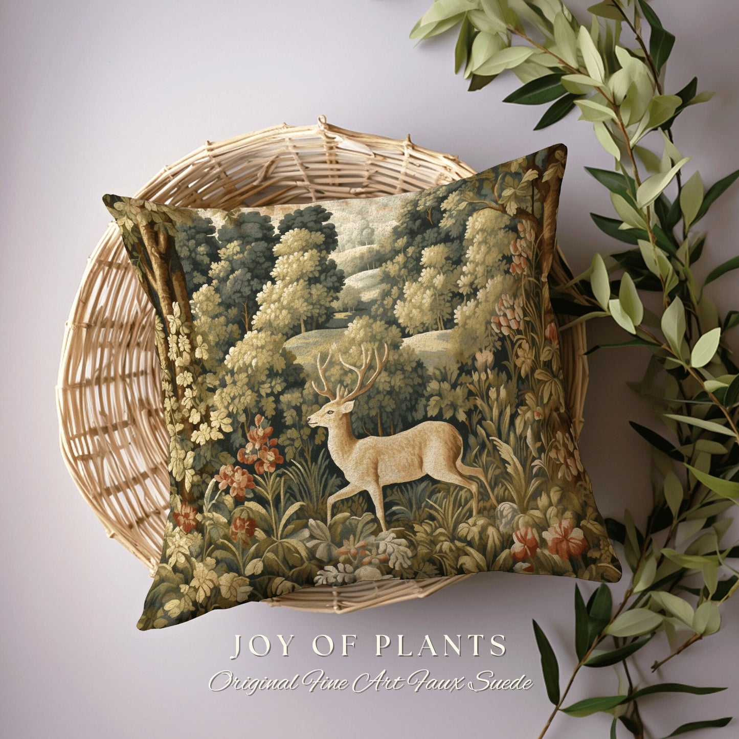 Woodland Deer Pillow Fairycore | William Morris Inspired Woodland Fairy Core Decor Cushion Maximalist Ornate Home Decor Throw Pillow