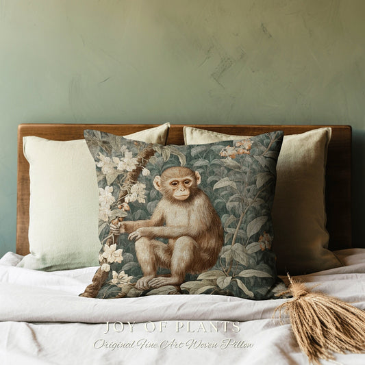 Victorian Monkey Art Pillow | William Morris Inspired Vintage Nature Pillow Pastel Floral Decor Throw Pillow Botanical Monkey Pillow Woven |