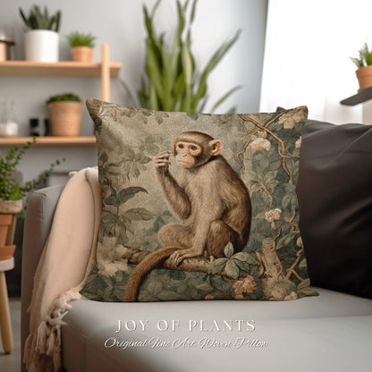 Vintage Jungle Monkey Pillow | William Morris Inspired Vintage Pillow Nature Pillow Pastel Decor Throw Pillow Botanical Monkey Pillow Woven