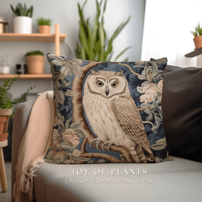 Owl Throw Pillow Woven Pastel | William Morris Inspired Throw Pillow Woodland Forestcore Decor Pillow Maximalist Home Decor Pastel Pillow |