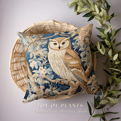 Pastel Owl Throw Pillow | William Morris Inspired Throw Pillow Woodland Forestcore Decor Pillow Maximalist Home Decor Throw Pillow Owl Art |