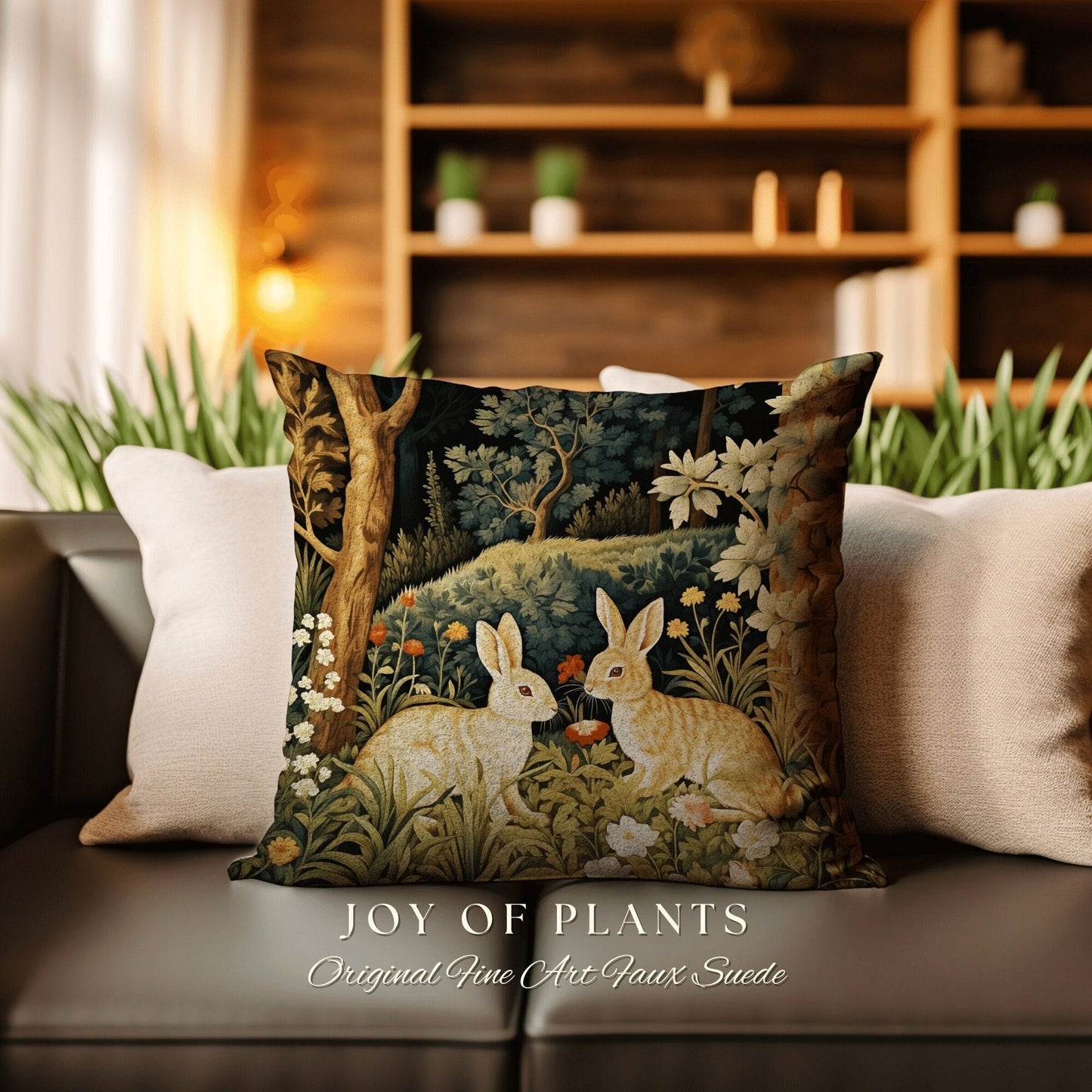 Enchanted Meadow Throw Pillow | Fairycore Woven Accent Pillow Cottagecore Room Decor Botanical Bunny Aesthetic Rabbit Cushion Forestcore |