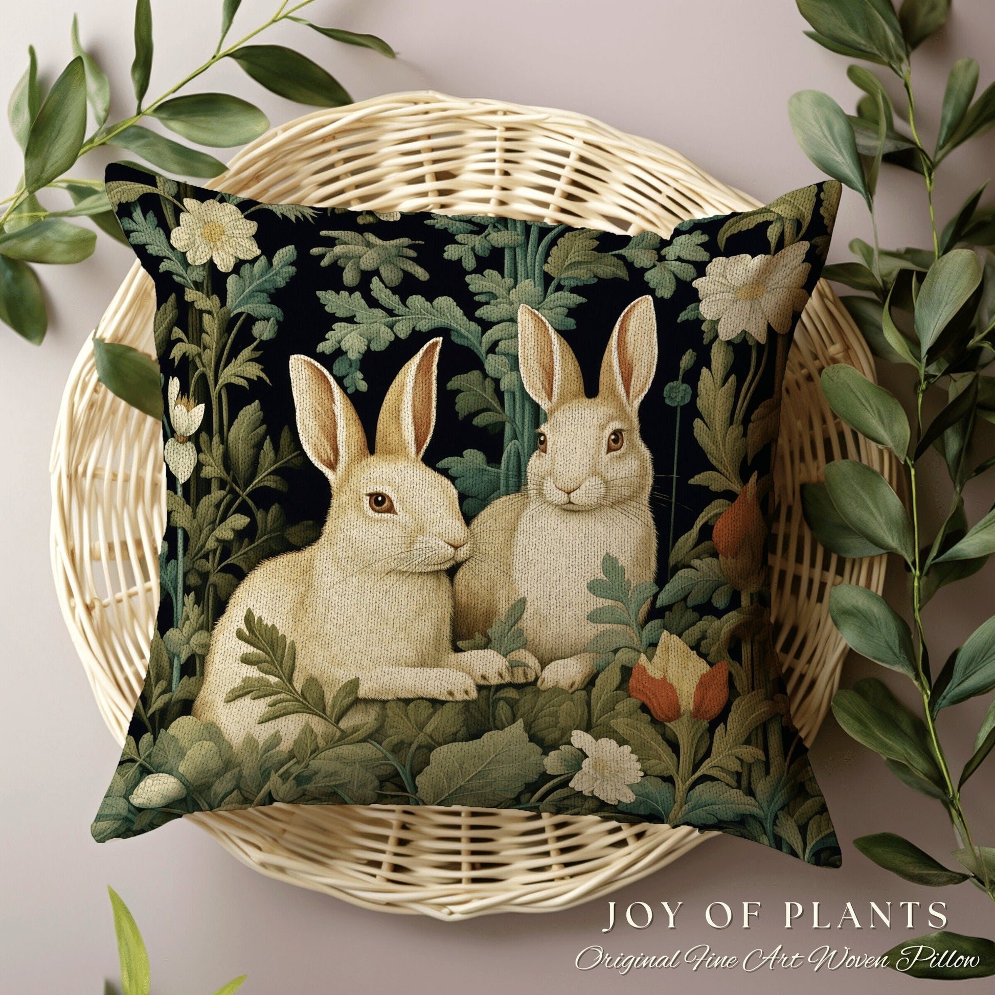 Bunny Rabbit Throw Pillow | Fairycore Woven Accent Pillow Cottagecore Room Decor Bunny Aesthetic Rabbit Cushion Forestcore Botanical Style