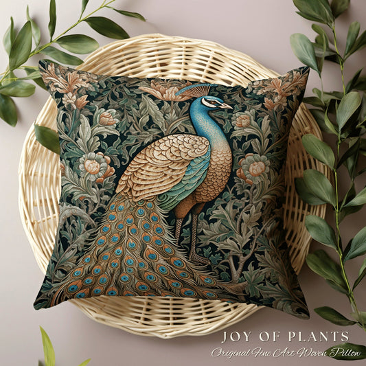 Woven Peacock Throw Pillow | William Morris Inspired Fox Pillow Eccentric Decor Pillow Maximalist Decor Throw Pillow Botanical Peacock Art