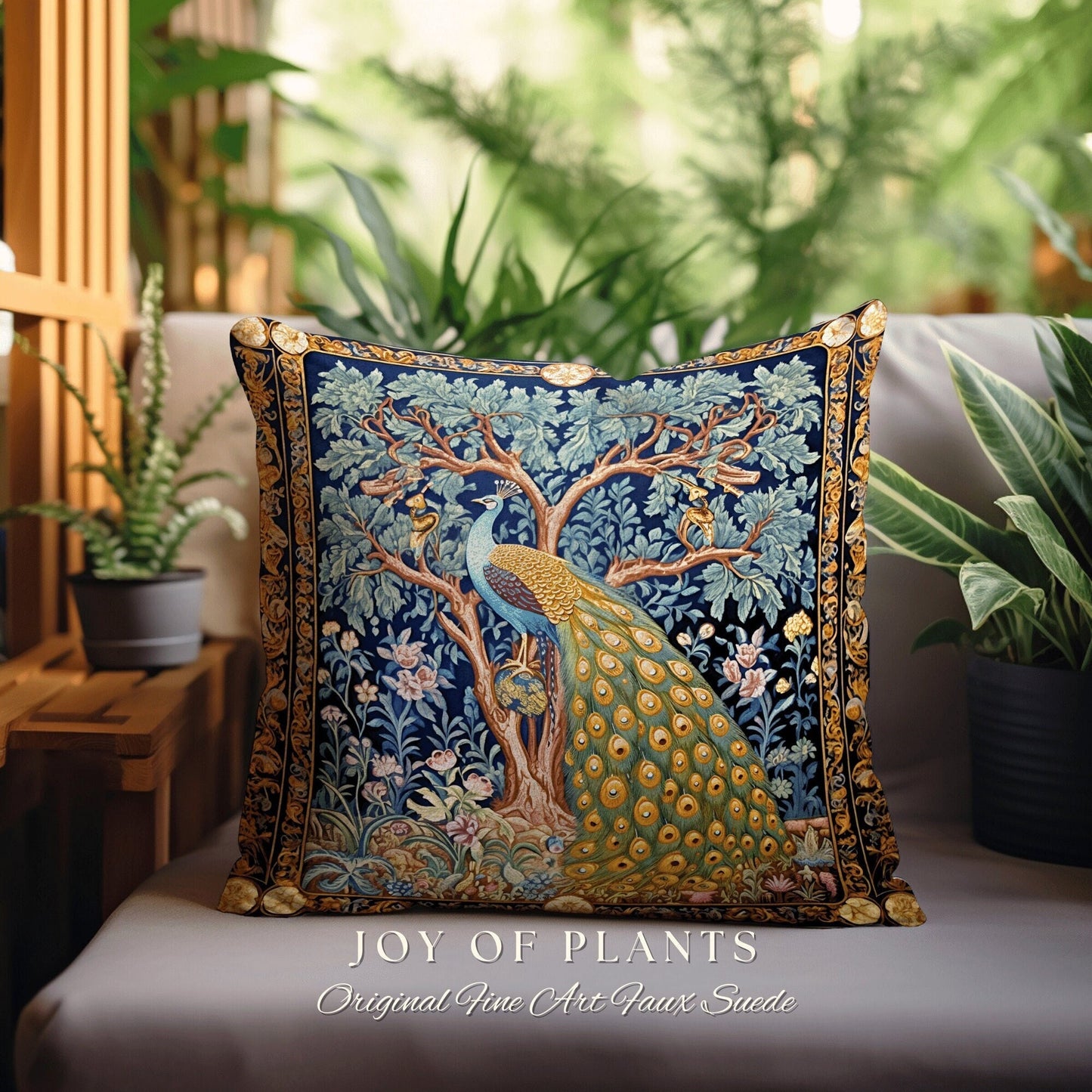 Classic Aesthetic Peacock Throw Pillow | William Morris Inspired Peacock Woodland Decor Cushion Botanical Ornate Home Decor Eclectic Accent