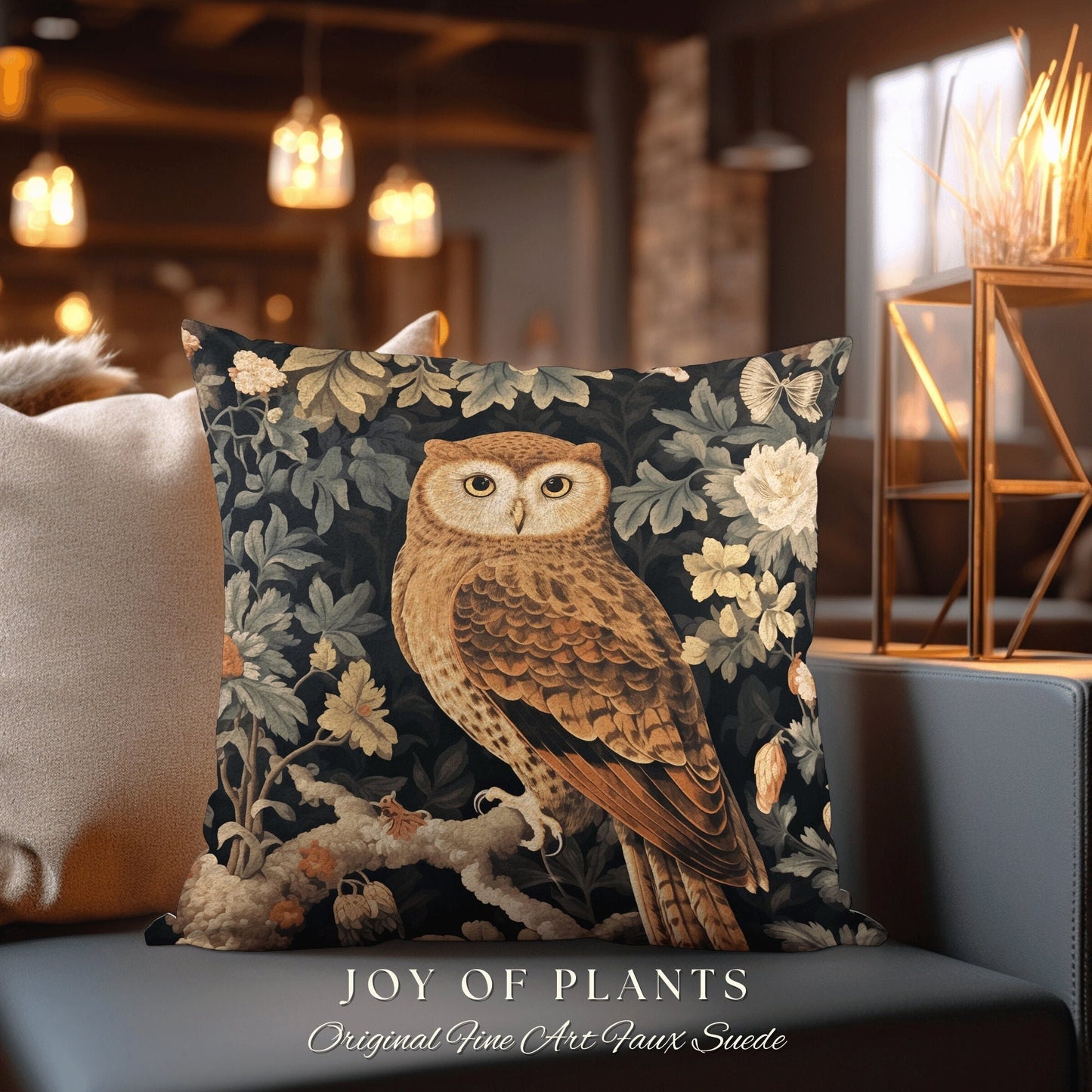 Dark Botanical Owl Throw Pillow | William Morris Throw Pillow Woven Woodland Forestcore Decor Pillow Maximalist Home Decor Throw Pillow Owl