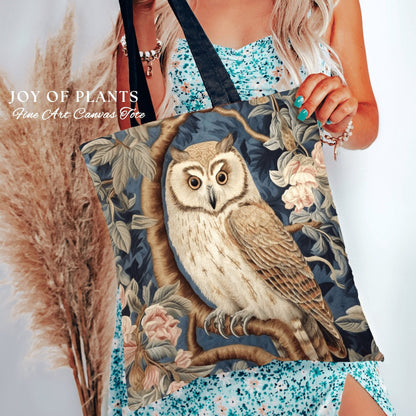 Pastel Gothic Owl Woven Tote | William Morris Inspired Tote Bag Aesthetic Botanical Tapestry Tote Woven Victorian Fairy Core Owl Tote Bag |