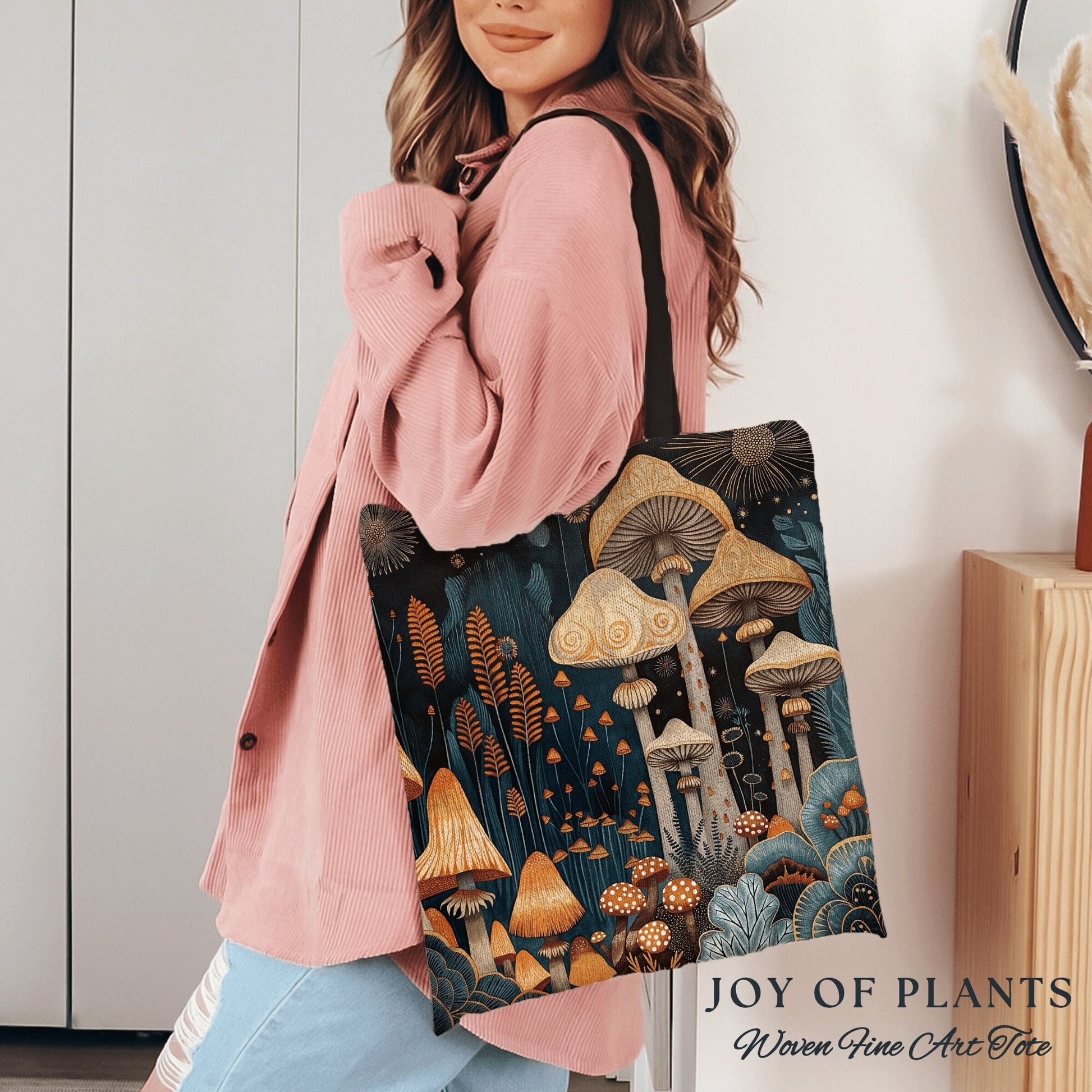 Maximalist Mushroom Tote | Eclectic Gift for Forager Fairy Core Toadstool Bag Woven Cottagecore Satchel Mycology Gift for Mushroom Lover |