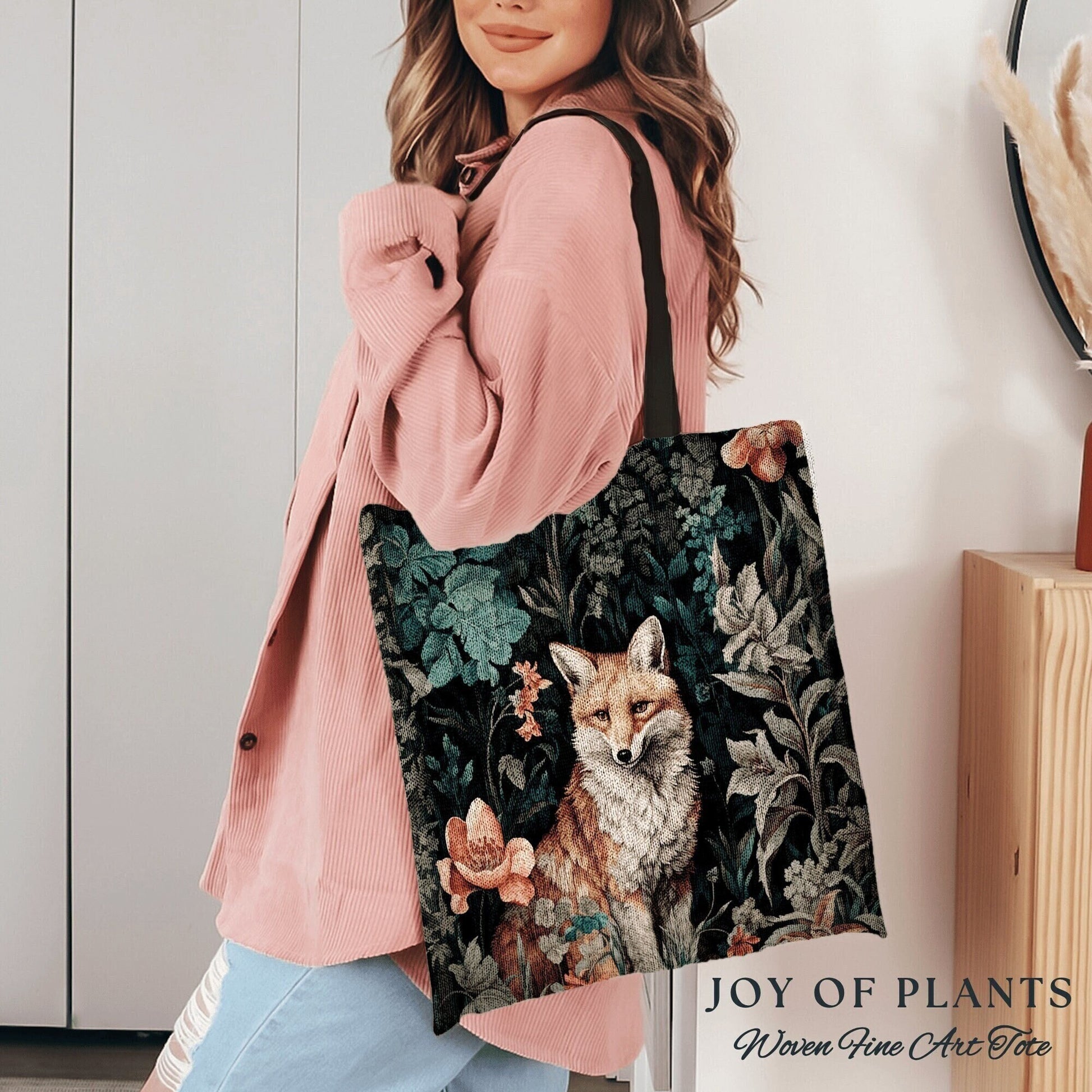 Woodland Fox Woven Tote Bag | William Morris Inspired Tote Botanical Aesthetic Maximalist Tapestry Tote Woven Victorian Fairy Core Fox Tote