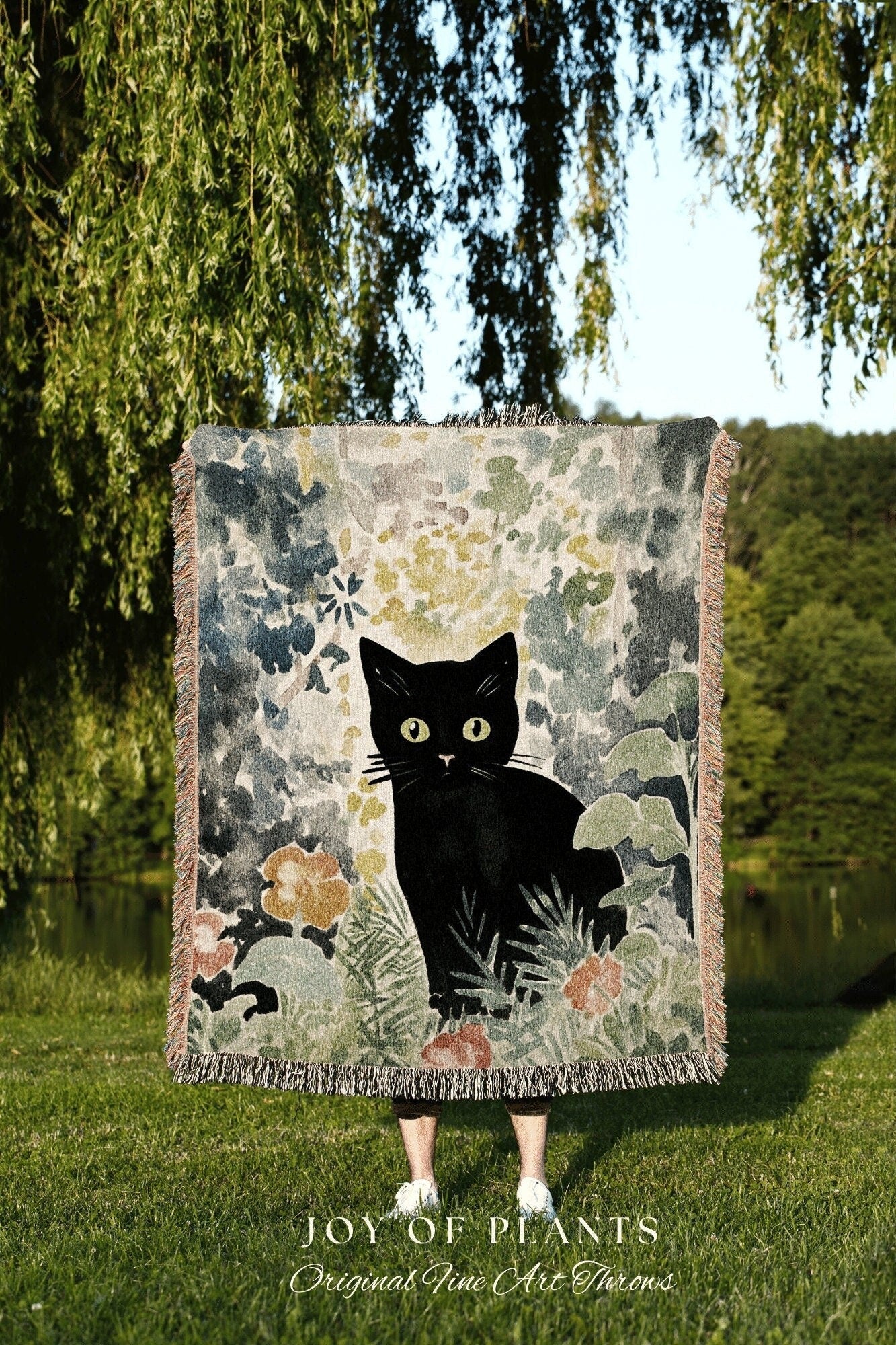 Pastel Goth Botanical Tapestry Black Cat Art Halloween Decor Tapestry Black Cat Woven Blanket | Spooky Cat Decor Dark Pastel Goth Tapestry |