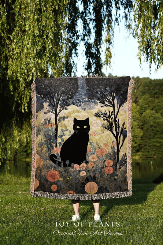 Cottagecore Autumn Cat in the Wildflowers Tapestry Floral Art Halloween Decor Tapestry Black Cat Woven Blanket | Boho Cat Cottagecore Decor