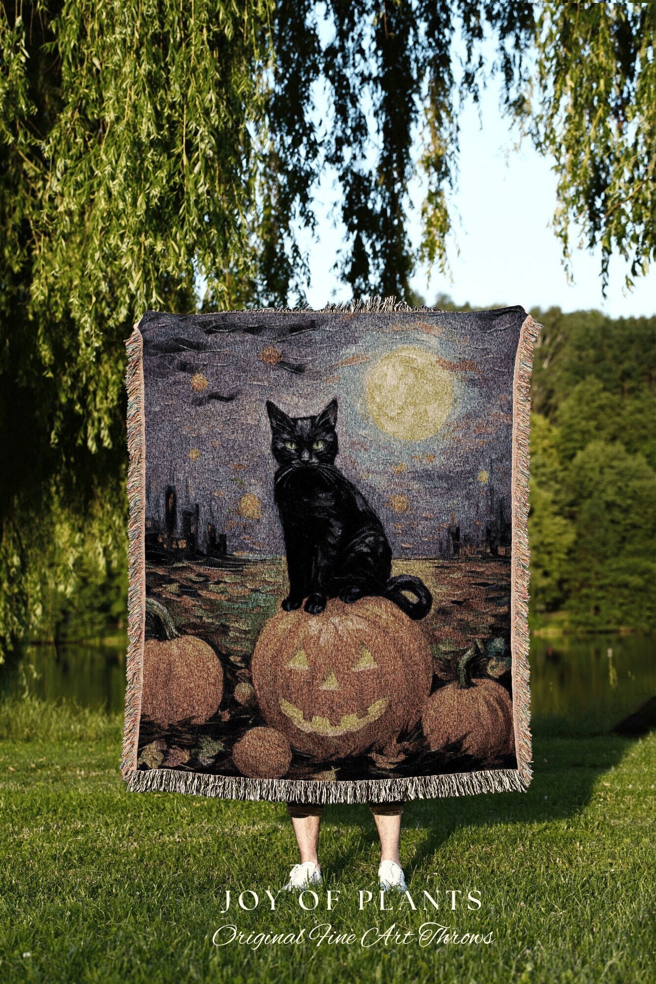 Spooky Halloween Tapestry Cat Blanket Woven | Black Cat Tapestry Woven Blanket Halloween Art | Witchy Decor Pumpkin Art Jack-o-Lantern Decor