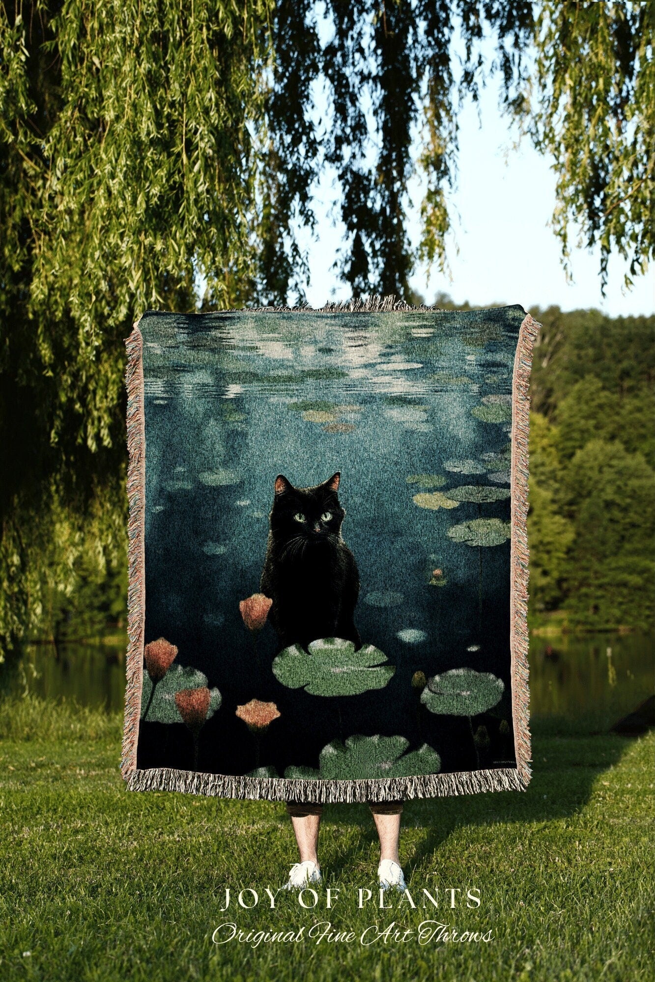 Water Lily Cat Blanket Woven Tapestry Art Claude Monet Bridge Over a Pond of Water Lilies | Art Tapestry Monet Water Lilies Blanket Cat Art