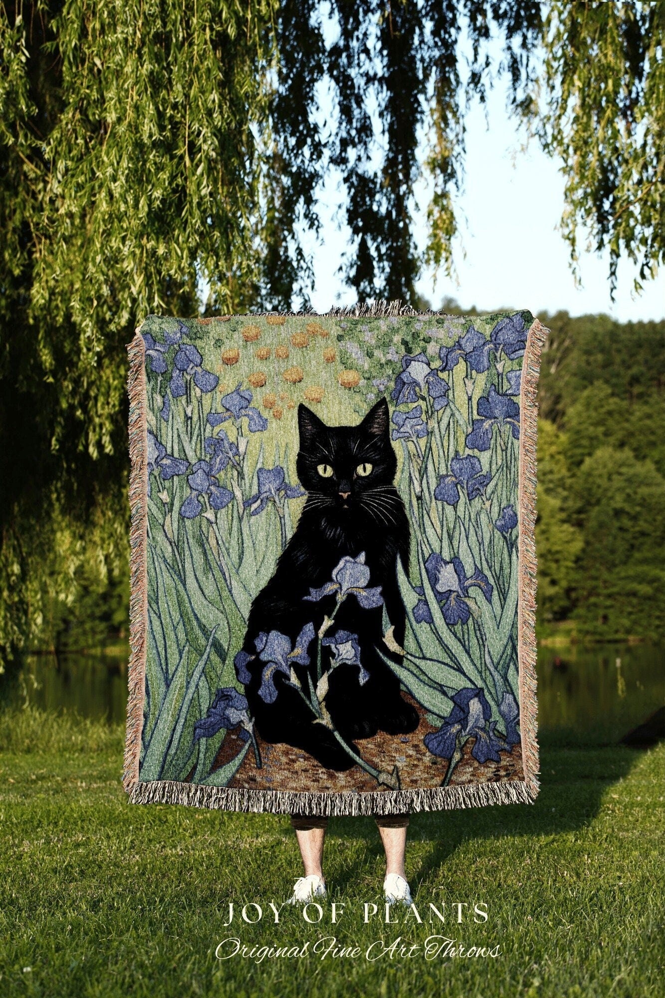 Black Cat Iris Flower Tapestry Woven Art Famous Cat Painting Decor Tapestry Black Cat Woven Blanket | Vincent Van Gogh Funny Tapestry Gift |