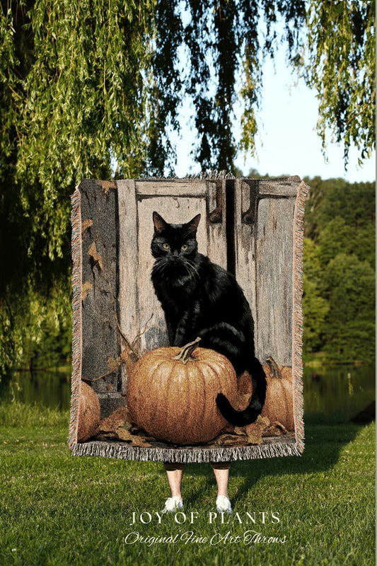 Halloween Pumpkin Black Cat Woven Throw Blanket Vintage Aesthetic Spooky Season Black Cat Halloween Dark Cottagecore Tapestry Witchy Decor